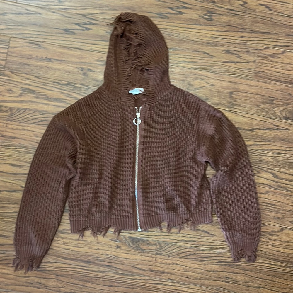 Brown knit hooded zip up sweater. Size X. Brand Planet Gold.